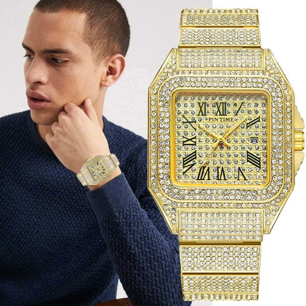 Golden-Iced Out Baller Square CZ Steel Bust Down Watch