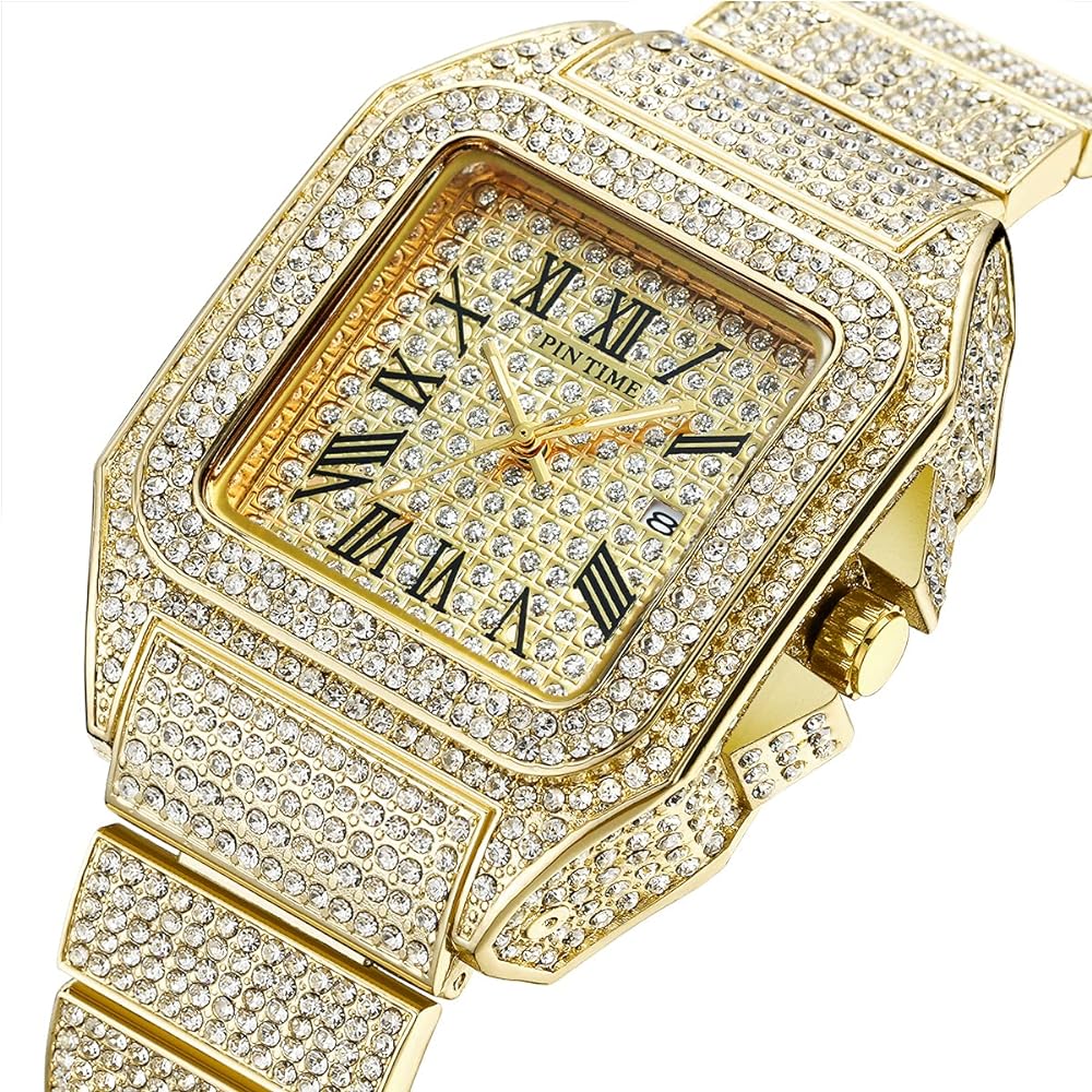 Golden-Iced Out Baller Square CZ Steel Bust Down Watch