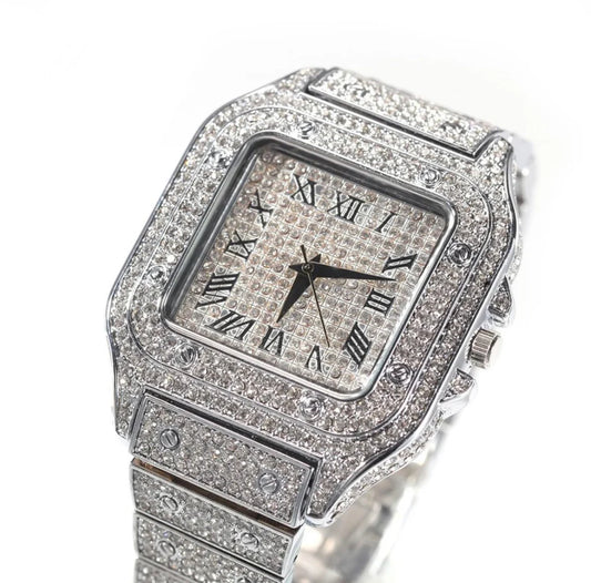 Silver-Iced Out Baller Square CZ Steel Bust Down Watch